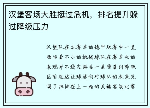 汉堡客场大胜挺过危机，排名提升躲过降级压力